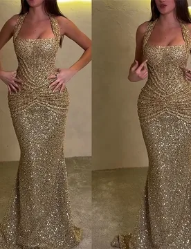 Sexy Golden Sequins Prom Dress Halter Sleeveless Ruffles Long Party Gown Sheath Shiny Formal Bridal Wedding Birthday Robe - Aliexpress - FashionsVida