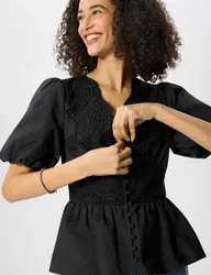 Pure Cotton Broderie V-Neck Blouse Black female
