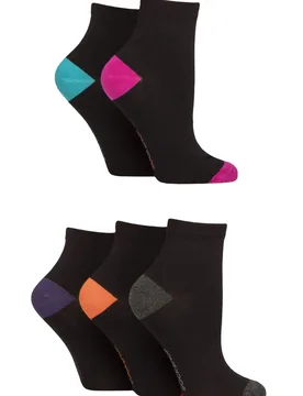 Women's 5 Pair Plain and Patterned Bamboo Anklet Socks Heel & Toe Black Bright 4-8 - Black - Size: Small - SockShop - FashionsVida