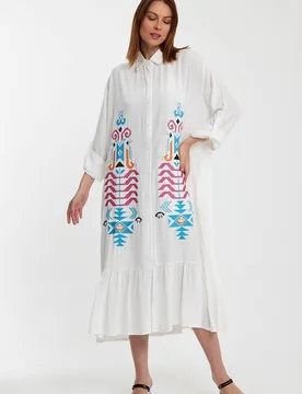 Women's Embroidered Tiered Midi Dress with Button-Through Front in White Size: 8-10 - White - Size: 8-10 - Belissh - FashionsVida