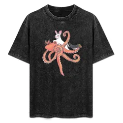 Hazel-bun and Octopus T-Shirt Basic Breathable Solid Color T-Shirt