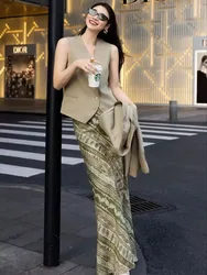 High-end lightweight luxurious linen vest and cotton print skirt stylish set