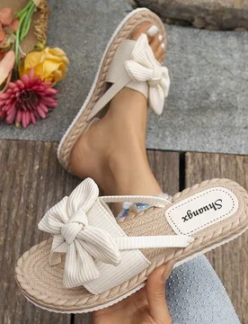 Sandalias planas con decoración de lazo para mujer, zapatos de verano con punta redonda y slip-on, pantuflas ligeras para playa de mujer, cómodas y - Shein - FashionsVida
