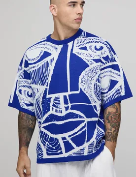 Men's Oversized Abstract Face Graphic Knitted T-Shirt Cobalt Size 4X-Large Cobalt 4XL - boohooMAN - FashionsVida