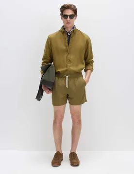 Pure Linen Garment Dye Shirt Olive male - M&S - FashionsVida