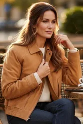 Women's Leather Biker Blouson Bomber Oversized Jacket - Moon in Tan Size: 22 - Tan - Size: 22