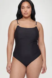 Womens Plus Gold Trim Square Neck Swimsuit - Black Polyamide - Size 24 Uk