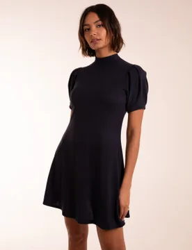 Puff Sleeve Smock Dress - S / NAVY - female - Blue Vanilla - FashionsVida