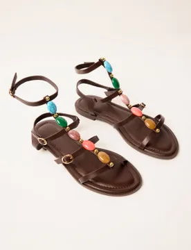 Beaded Gladiator Flat Sandals - UK 7 (EU 40) / BROWN - female - Blue Vanilla - FashionsVida