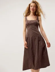 Pure Cotton Square Neck Midi Dress Navy Mix female