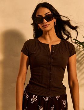 Blusa a costine con bottoni - marrone scuro
