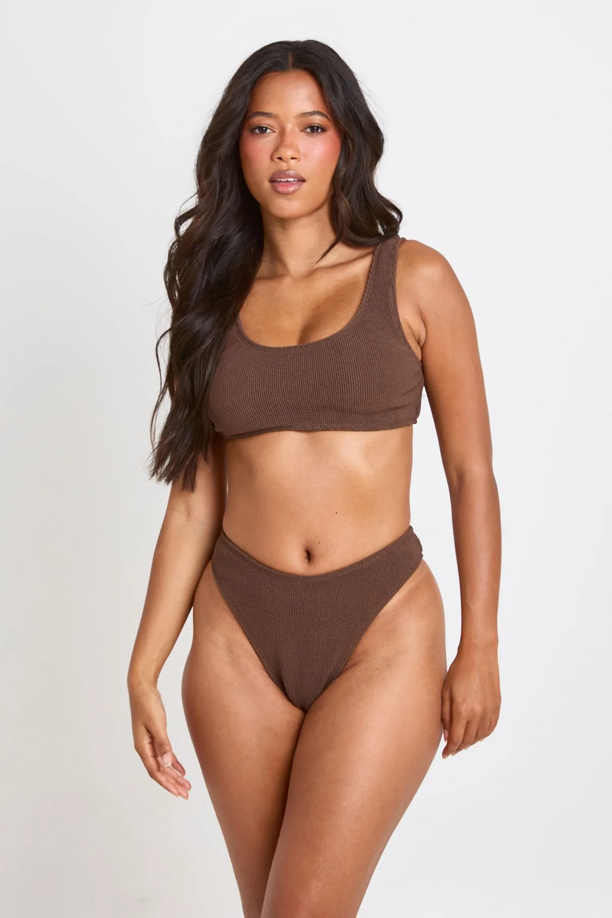 Womens Textured Scoop Bikini Top - Chocolate - Size 10 Uk - Boohoo - FashionsVida