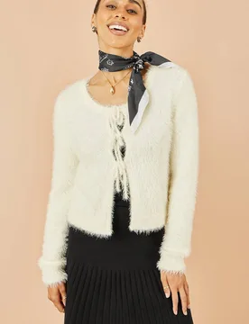 Women's Ivory Eyelash Fluffy Knit Bolero With Tie Front Size: Small - Ivory - Size: S - Yumi - FashionsVida