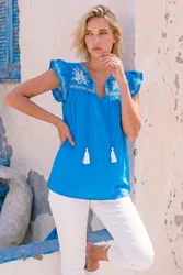 Embroidered Tie Front Top - Blue - Size: 14