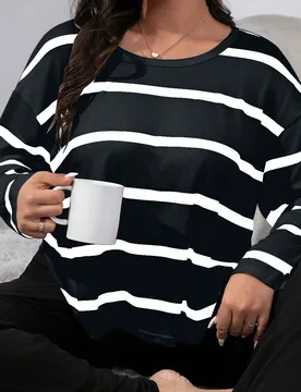 Conjunto de pijama de camiseta casual de manga caída a rayas y pantalón recto de unicolor para mujer de talla grande, atuendos cómodos, ropa de oto - Shein - FashionsVida