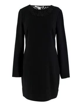 Black Fringed Embellished Lace Back Dress - Diane von Furstenberg - FashionsVida