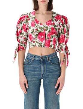 Chloé Puff Sleeve Cotton Poplin Top with V-Neck - Size 36