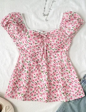 Blusa para niñas preadolescentes, primavera verano, casual vacaciones, estilo francés, estampado floral pequeño, ribete de encaje, manga corta, fru - Shein - FashionsVida