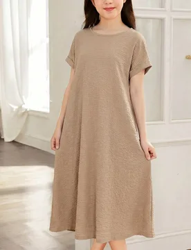 Vestido largo de manga corta raglán casual y suelto de tela texturizada para niñas preadolescentes - Shein - FashionsVida