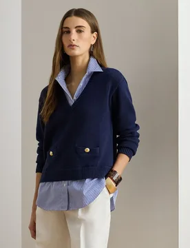 Jersey de mujer de algodón con cuello de pico - Lauren Ralph Lauren - FashionsVida