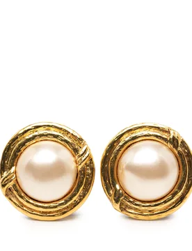 Gold Plated Faux Pearl Round Clip On Earrings - Chanel - FashionsVida