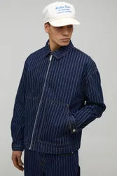 Mens Pinstripe Boxy Denim Jacket - Indigo Blue Cotton - Size X-Large