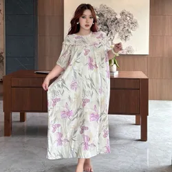 Camisón largo elegante con estampado floral, encaje en contraste y corte holgado, pijama de dormir para mujer talla grande primavera/verano