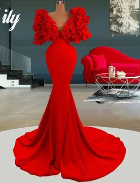 Lily Red Mermaid Chic Woman Evening Dress Stain 3D-Flowers Formal Gown Ruched Deep V-Neck Night Dresses robe de bal Customized - Aliexpress - FashionsVida