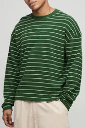 Mens Oversized Striped Heavyweight Long Sleeve Waffle T-Shirt - Forest Green Cotton - Size Small