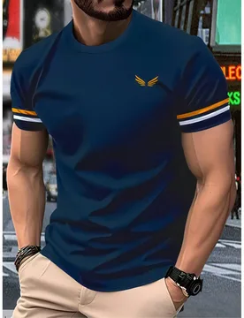 Camiseta de manga corta casual con puños a rayas y estampado 3D de alas azul marino - Shein - FashionsVida