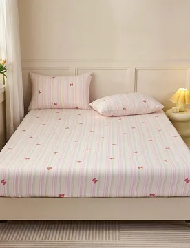 Pieza Sábana ajustada con patrón de lazo a rayas rosas, protector de colchón estilo retro minimalista, suave & transpirable, tamaño doble, full, q - Shein - FashionsVida