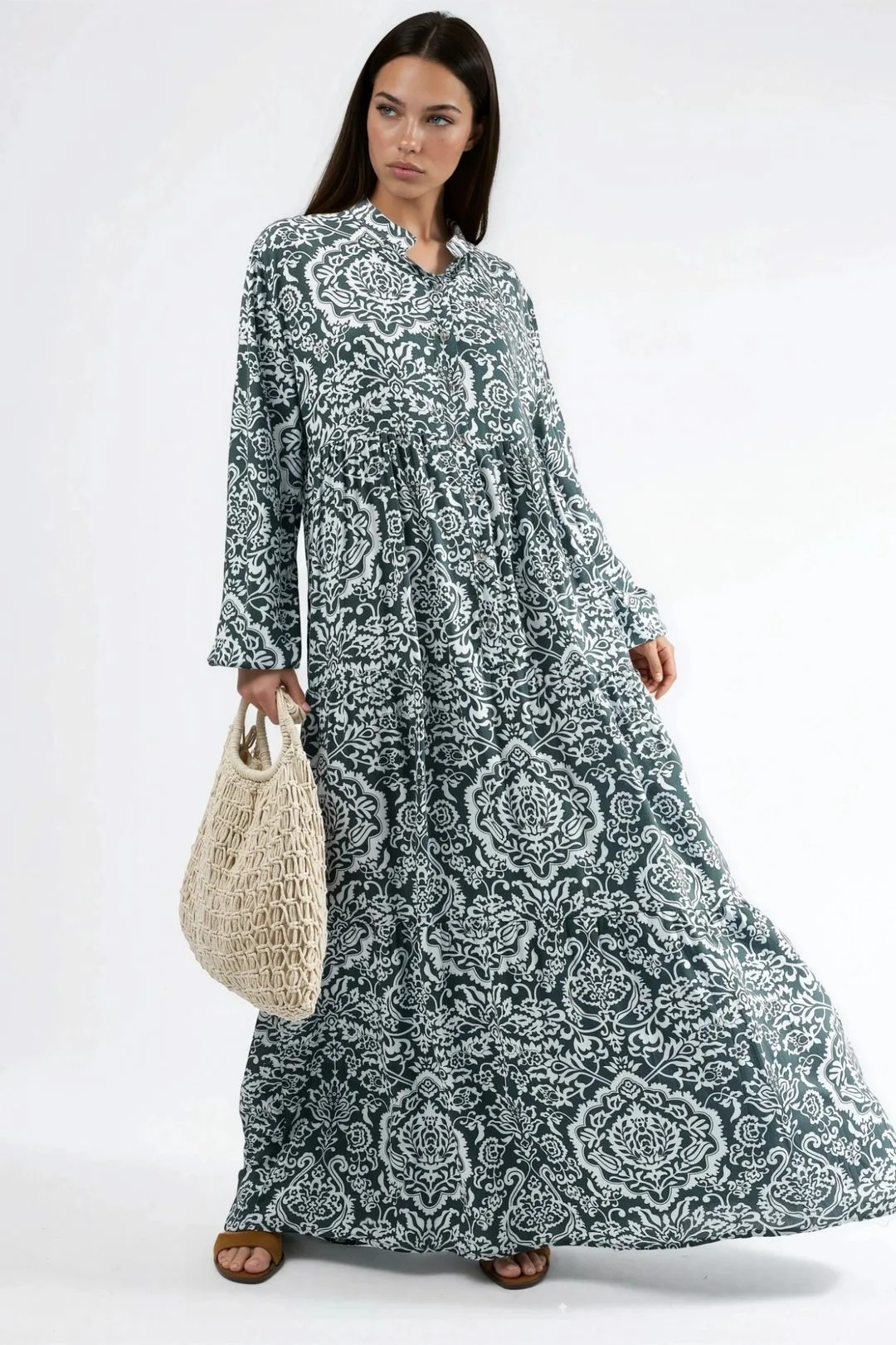 Womens Comfortable Patterned Maxi Dress - Green - Hiccup - FashionsVida