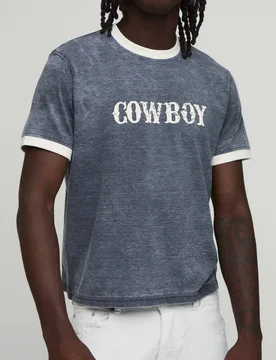 Men's Regular Ringer Slub Cowboy Club Puff Print T-Shirt Black Size Medium Black M - boohooMAN - FashionsVida