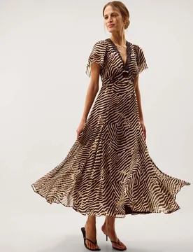 Animal Print V-Neck Midi Tea Dress Brown Mix female - Monsoon - FashionsVida