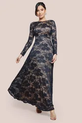 Scalloped Lace A Line Maxi Dress - Black - Size: 8