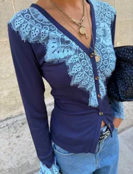 V-Neck Lace Detail Fitted Cardigan Navy Mix female