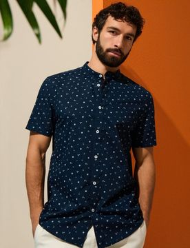 Regular fit mandarin collar shirt - blu scuro