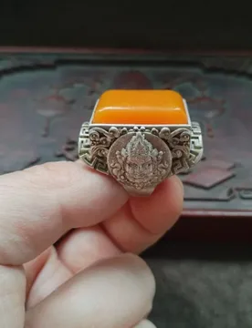 Vintage Patina Silver Ring, Inlaid Amber, God of Wealth Square Design, Ancient Craft Jewelry - Aliexpress - FashionsVida