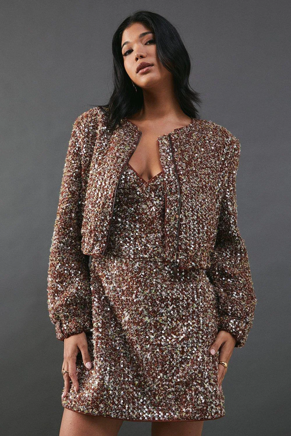 Sequin Boucle Cardigan Bomber Jacket - Brown - Size: 8 - Warehouse - FashionsVida