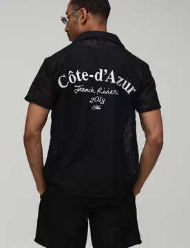 Men's Embroidered Crochet French Riviera Regular Shirt & Relaxed Short Set Black Size Small Black S - boohooMAN - FashionsVida