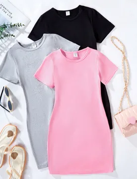 Vestido casual para niña preadolescente de cuello redondo y manga corta en unicolor, ideal para el uso diario - Shein - FashionsVida