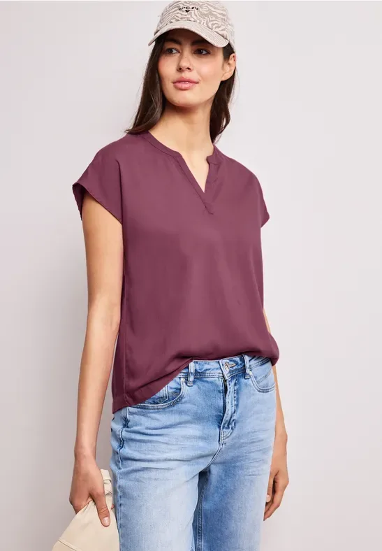 Blusenshirt in Unifarbe mit Split Neck female Rosa - Street One - FashionsVida
