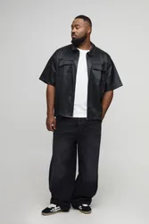 Herren Plus Plissiertes PU Boxy Oversized Cargo Hemd Black Größe 3XL