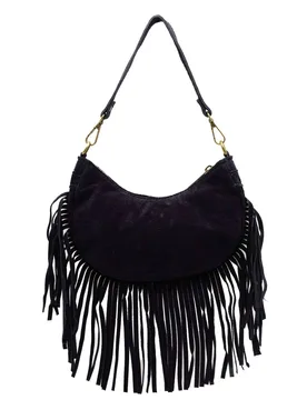 Small Italian Genuine Suede Fringed Crossbody Bag WIth Detachable Handle & Strap - Black - Size: One Size - Kitise - FashionsVida