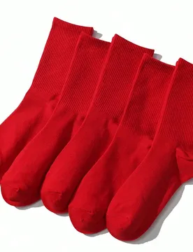 Pares de calcetines de media caña cómodos y transpirables de estilo minimalista de color rojo sólido para mujer - Shein - FashionsVida