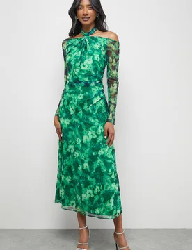 Women's Print Twist Mesh Midi Dress in Green Size: 8 - Green - Size: 8 - Warehouse - FashionsVida