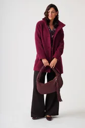 Women's Funnel Neck Boucle Coat in Burgundy Size: 12 - Burgundy - Size: 12