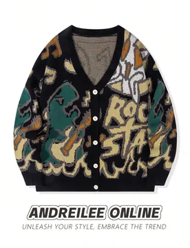 Cárdigan suelto de ajuste casual con cuello en V con gráfico de dinosaurio y letra, ropa de calle versátil para hombres y mujeres, adecuado para pr - Shein - FashionsVida