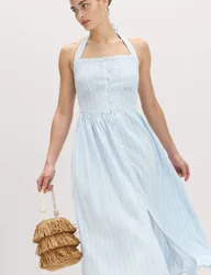 Linen Rich Halterneck Maxi Dress Blue Mix female