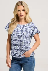 Petite Leaf Print Scoop Neck Top - Dark Navy - Size: 10